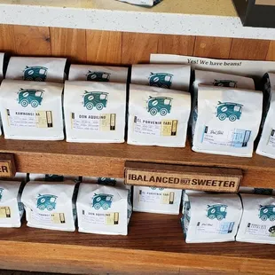 a display of coffee bags