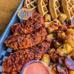Chicken, Waffles, loaded tots.
