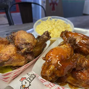 Mango Habanero and lemon pepper wings with side of Mac and cheese