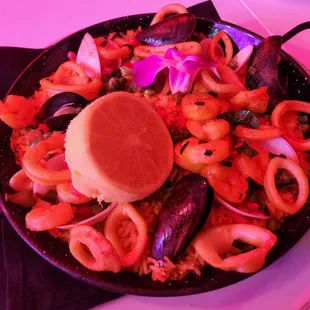 a plate of seafood and pasta