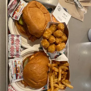 Nashville Hot Sandwich and Birdcall Tots Original Sandwich and Fries
