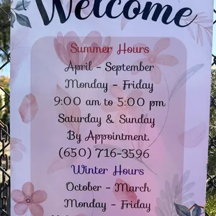 a welcome sign for spring hours