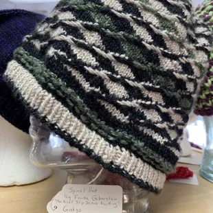 A great looking hat with info about pattern and yarn.