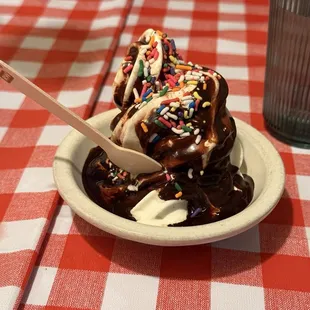 Vanilla Soft Serve with Chocolate Fudge and Sprinkles