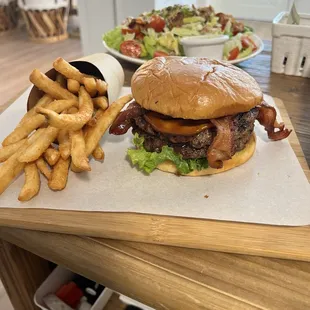 a burger and fries