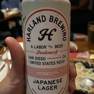 a person holding a can of beer