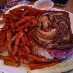 Reuben with sweet potato fries
