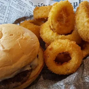 Angry burger with not so angry onion rings, really looks great inside after the remodel in 2017, come check it out! Broasted chicken rocks!