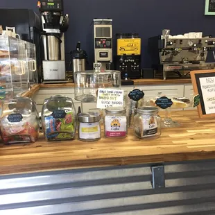 a variety of food items on a counter