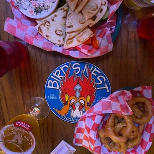 a table full of food and drinks