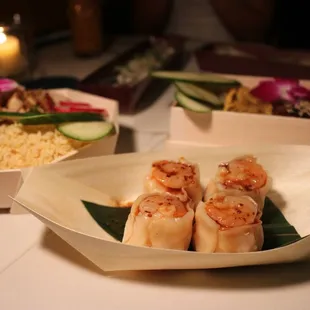 Shrimp shumai, veggie poke bowl and unagi don