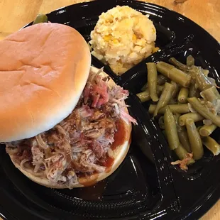 Pulled pork combo with green beans and corn pudding