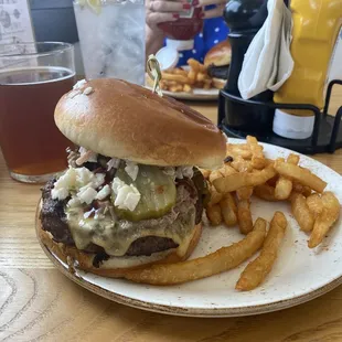 Brickyard Seasonal Burger of the month -- 8oz burger, Pulled Pork, Coleslaw, Pickles &amp; and side of Fries