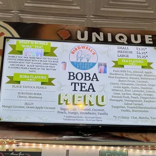 Menu for Boba Tea