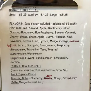 Boba Tea menu, Dec. 2021