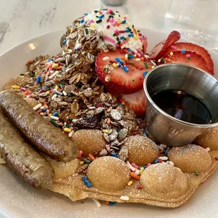 BUBBLE WAFFLE: with link turkey sausage. More like a deconstructed sprinkle donut - but fun!
