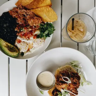Huevos Rancheros and Fried Chicken Biscuit