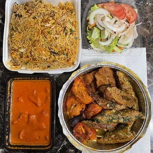 Chicken biryani, Chicken Tikka Masala, and Mixed Grill