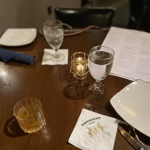 a table with a menu and glasses of water