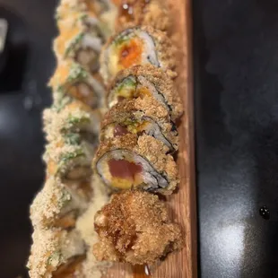 sushi on a wooden board