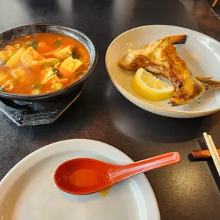 Hamachi Kama and Spicy tofu soup