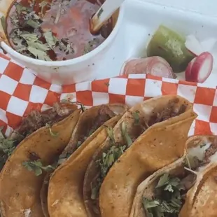 Quesa birria tacos w/ consomé.