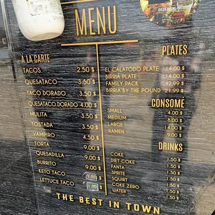 the menu for the best in town