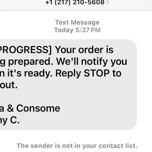 Text alert to provide status of your order!