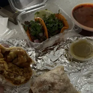 3 Quesabirria Tacos with Consome Dip Chorizo breakfast burrito