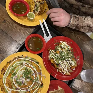 Birria tacos, birria fries (small), birria quesadilla, churro cheesecake