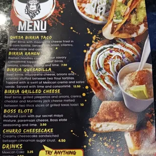 the menu for birria boss