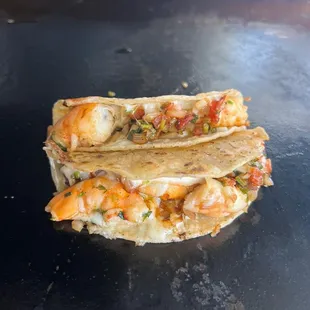 Gobernador tacos. Grilled shrimp with pico and cheese in a corn tortilla made to a crisp