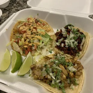 Shrimp taco , pastor taco, chicken taco