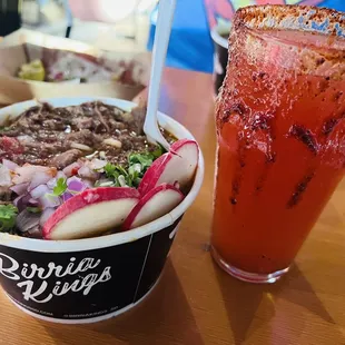 Delicious Ramen birria bowl from Birria Kings and Michelada beer from Chula Vista Brewery.
