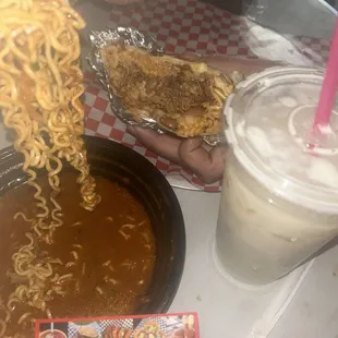 Birria Ramen, Birria Burrito and Horchata
