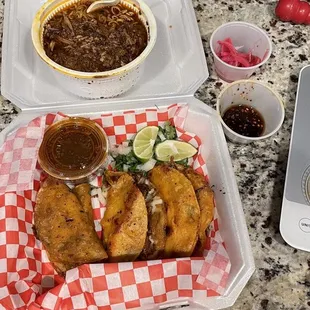 Birria ramen and birria tacos.