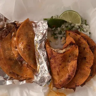 Birria tacos. Two soft, two crunchy. I preferred the crunchy but both were authentic and good. Hard to find this style in texas