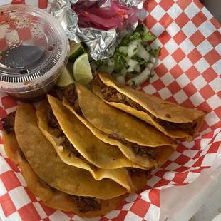 4 crispy birria tacos w/ Chile and consome ! I&apos;ve been coming here and buying birria tacos since she opened back in 2019/2020.