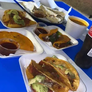 Birria tacos, Birria quesadilla and shrimp tacos.