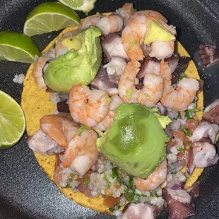 Mixed seafood tostada.