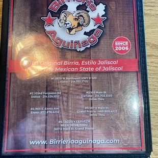 a menu for the school