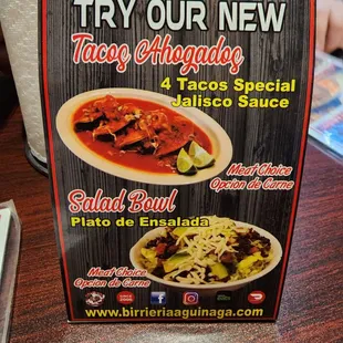 a menu for tacos specials