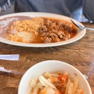 Guiso de Puerco Pork Stew, Rice, Beans, with Red Sauce
