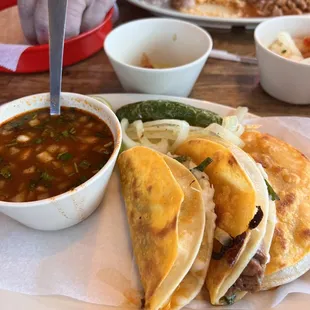 Comsome con Birria (Small) &amp; lamb Tacos.