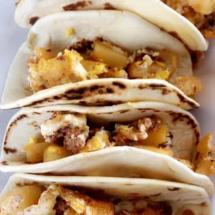 Breakfast tacos. Egg potato &amp; chorizo on flour tortillas