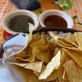 These salsas are bomb!!  Green tomatillo salsa Pico de pájaro red salsa