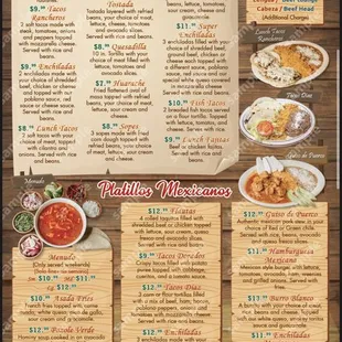 Menu showing lunch section and platillos mexicanos.