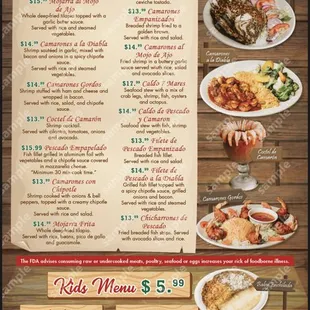 Menu showing seafood and kids meals.