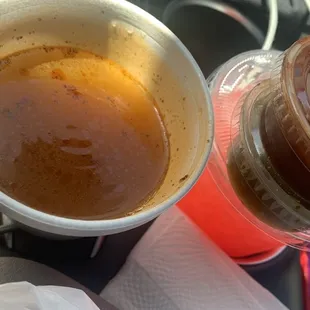 Steaming hot Small Consome w/red n green verde sauce