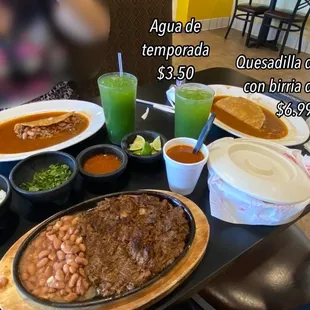 Tametada de Res $12.95 and Quesadilla de maíz con birria de Res $6.99. Agua de temporada. (it&apos;s the green cucumber  juice). $3.50ea.